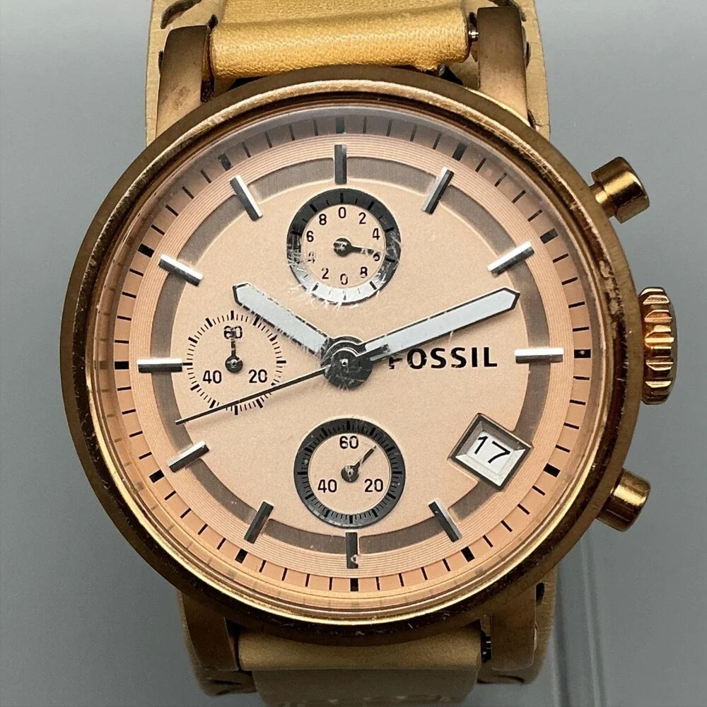 Fossil Womens Watch 38mm Rose Gold Tone Leather Chronograph Date New Battery